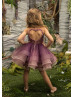 Beaded Purple Tulle Knee Length Heart Back Flower Girl Dress